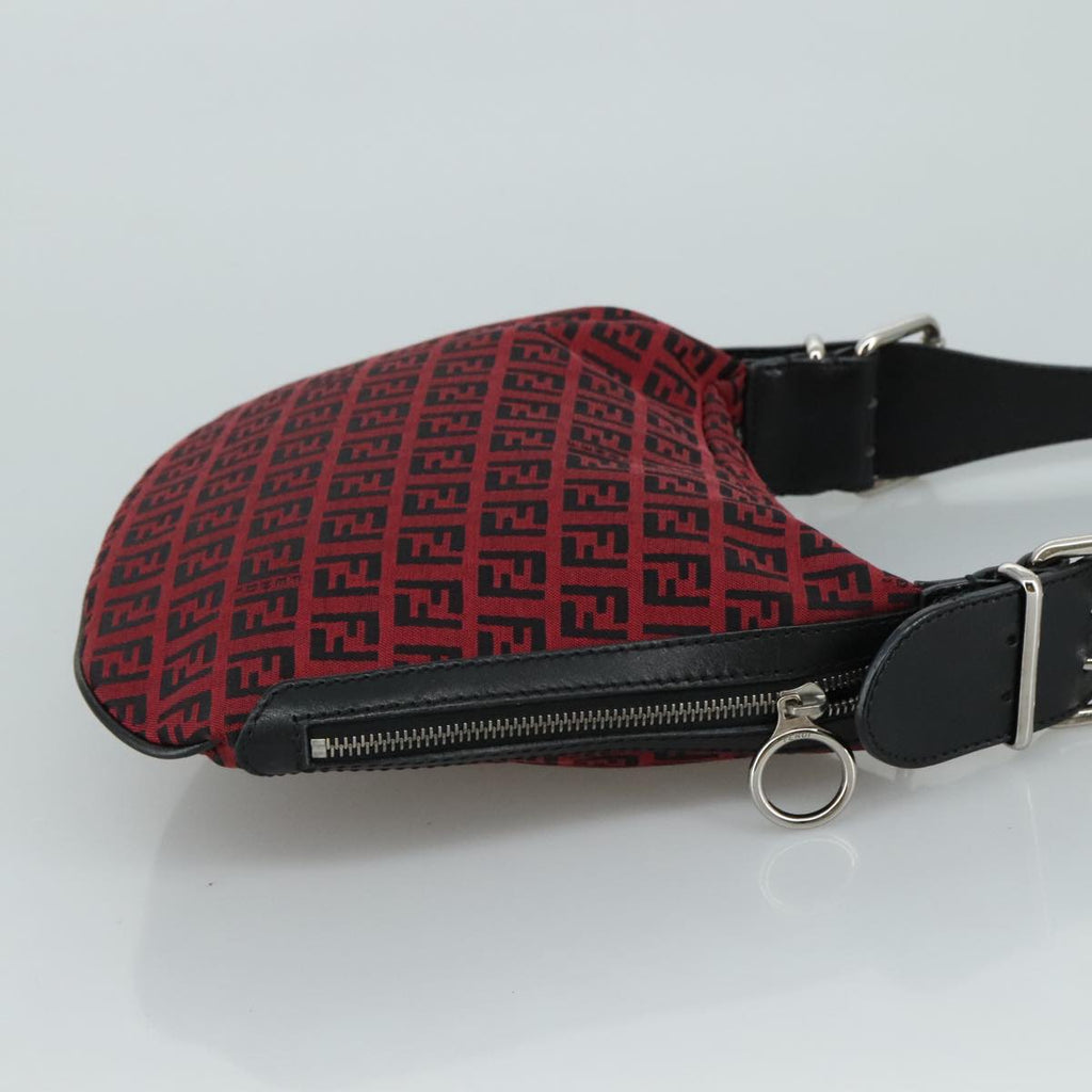 FENDI Zucchino Canvas Shoulder Bag Red Black Silver108052