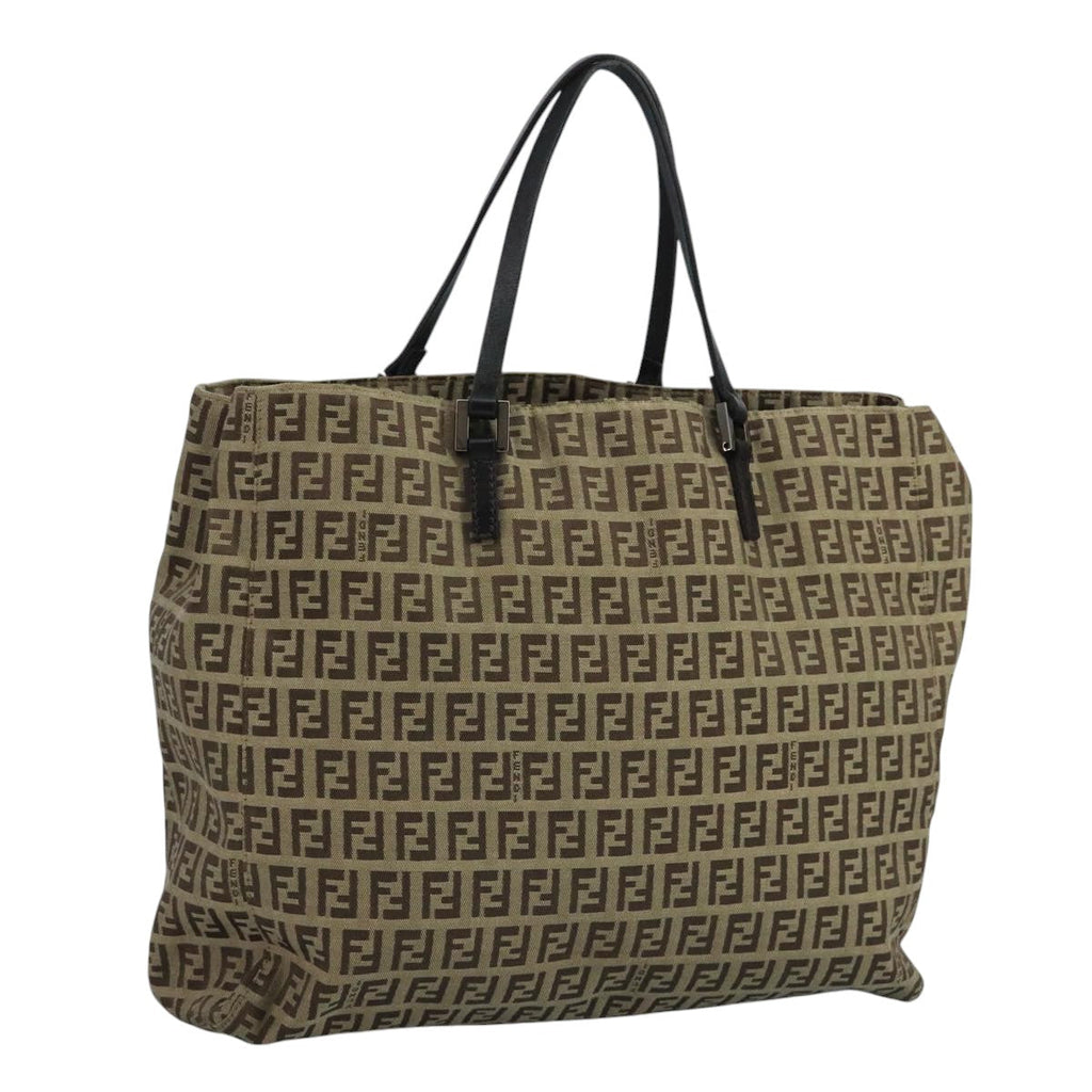 FENDI Zucchino Canvas Tote Bag Beige Brown Silver109192