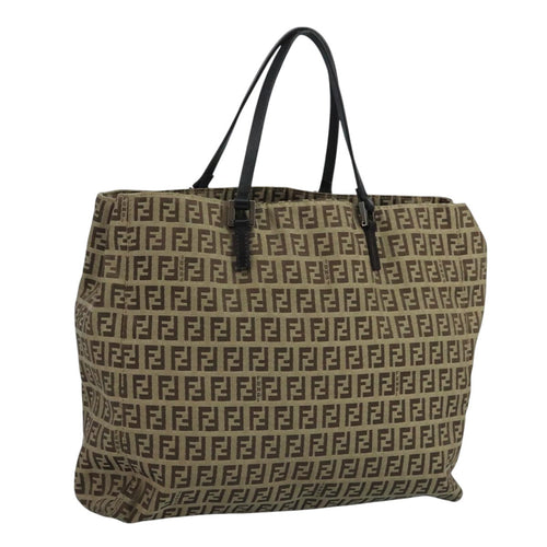 FENDI Zucchino Canvas Tote Bag Beige Brown Silver109192