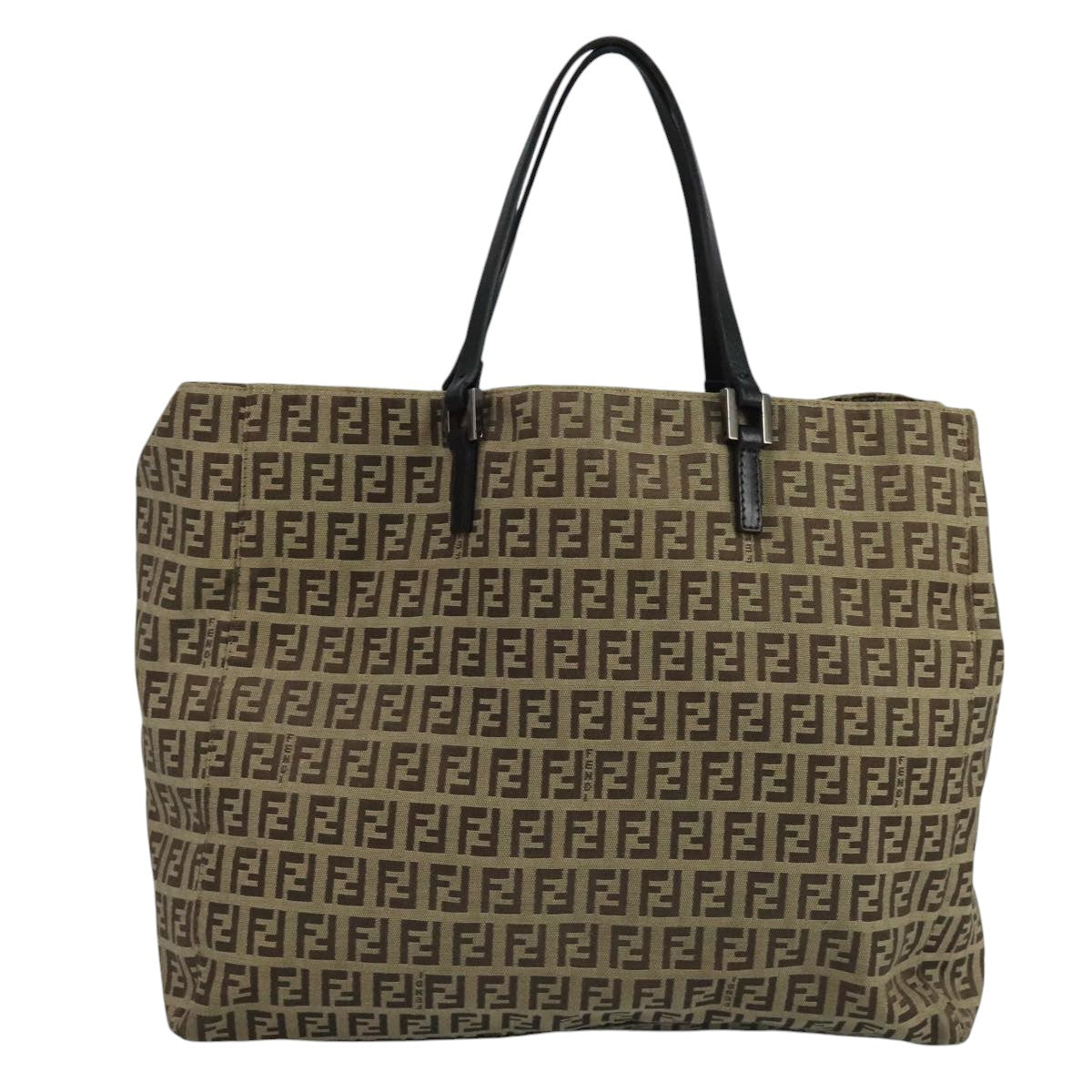FENDI Zucchino Canvas Tote Bag Beige Brown Silver109192