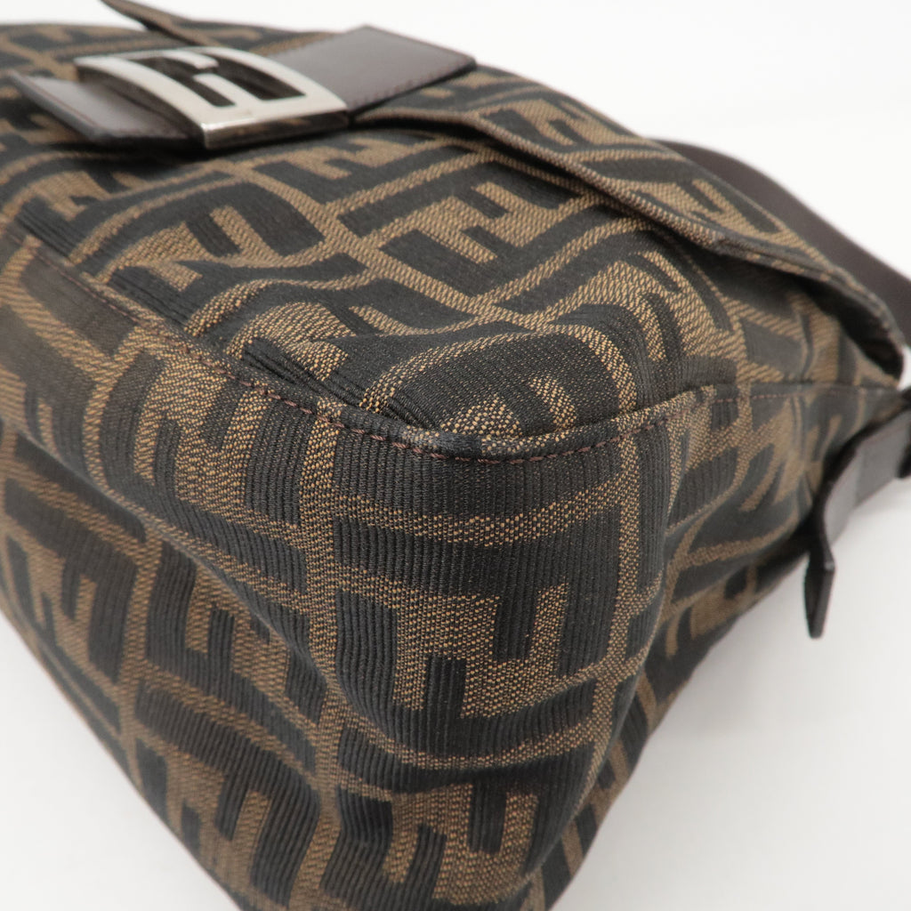 FENDI Mamma Baguette Zucca Canvas Leather Shoulder Bag Brown