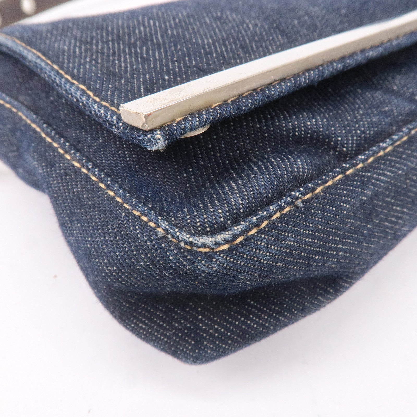 FENDI Denim Leather Shoulder Bag Hand Bag Navy Brown 26640