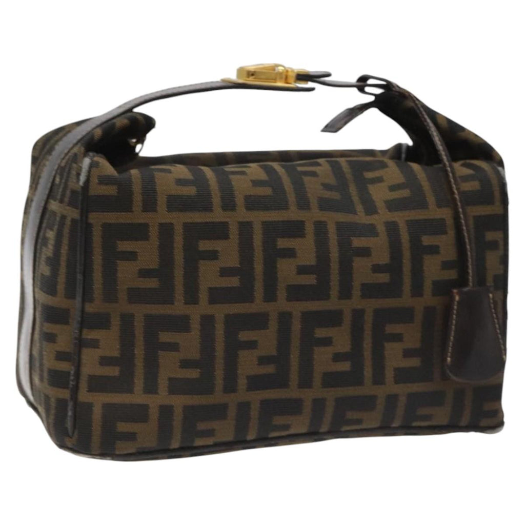 FENDI Zucca Canvas Vanity pouch Hand Bag Nylon Brown Black gold110437