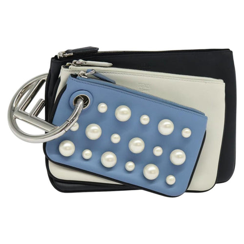 FENDI Triplet Clutch Bag Leather Blue White black110886