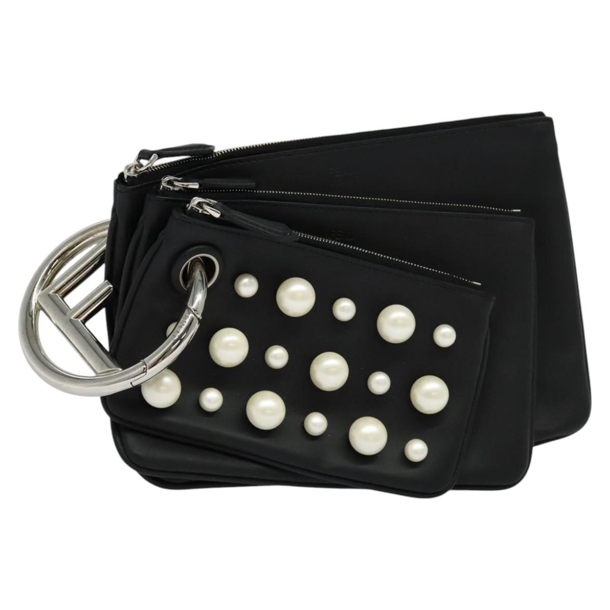 FENDI Triplet Clutch Bag Leather Black110887
