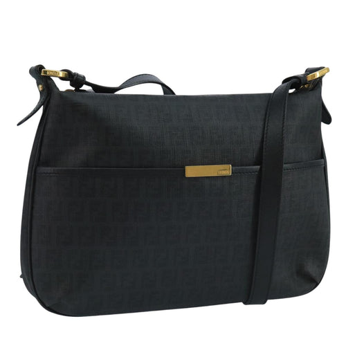 FENDI Zucchino Canvas Shoulder Bag Gold Black111182