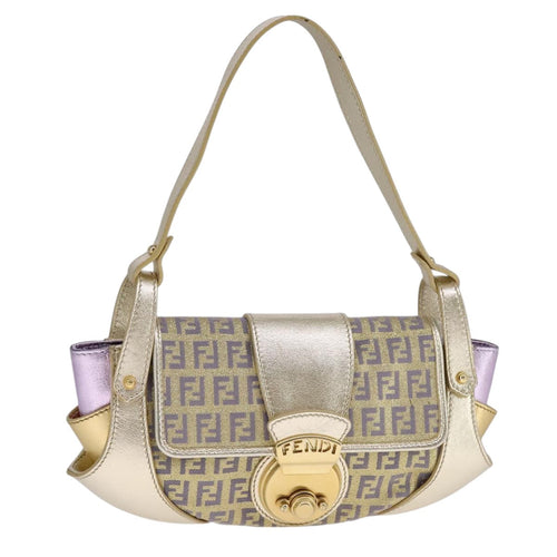 FENDI Zucchino Canvas Shoulder Bag Gold Purple112288
