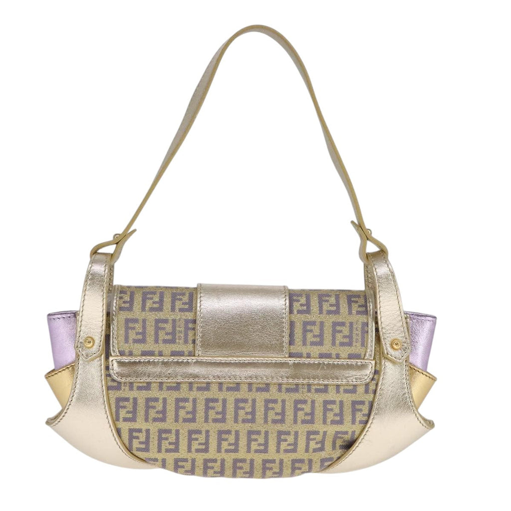 FENDI Zucchino Canvas Shoulder Bag Gold Purple112288