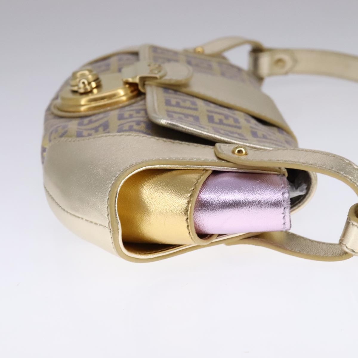 FENDI Zucchino Canvas Shoulder Bag Gold Purple112288