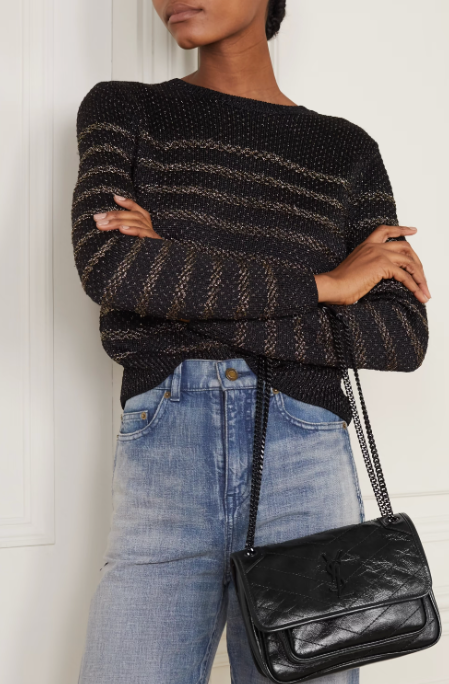 SAINT LAURENT MINI QUILTED CRINKLED GLOSSED-LEATHER SHOULDER BAG