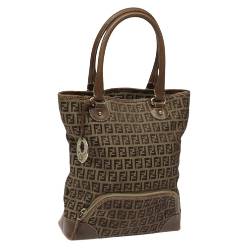 FENDI Zucchino Canvas Hand Bag Brown Beige Silver115510
