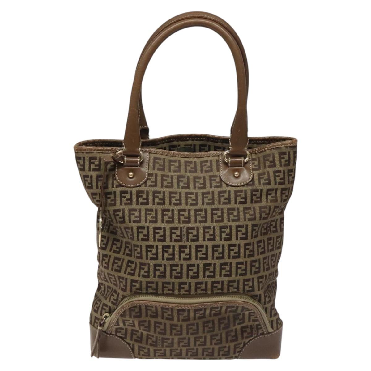 FENDI Zucchino Canvas Hand Bag Brown Beige Silver115510