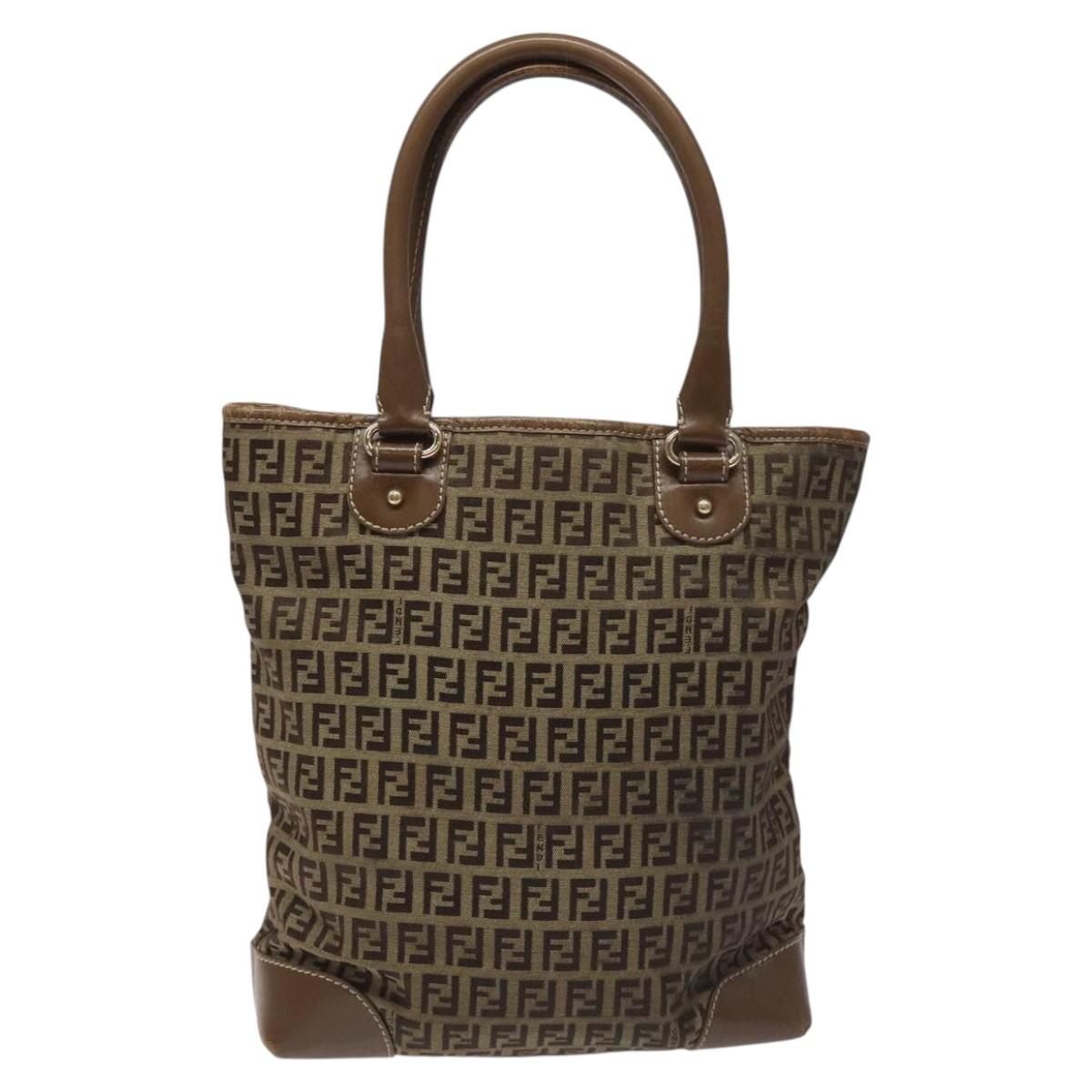FENDI Zucchino Canvas Hand Bag Brown Beige Silver115510