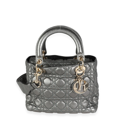 CHRISTIAN DIOR Metallic Silver Supple Cannage Leather Medium Lady Dior Tote