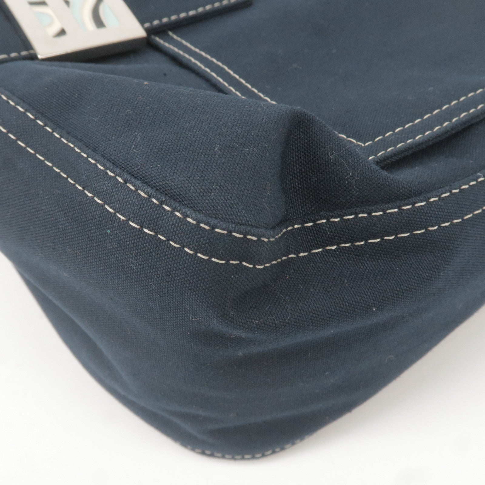 FENDI Mamma Baguette Canvas Leather Shoulder Bag Navy 26325