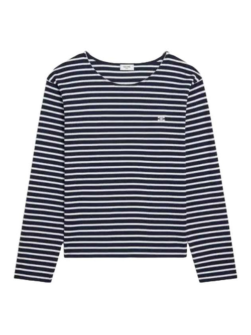 CELINE Triomphe Striped Cotton Jersey Long Sleeve T-Shirt White Navy