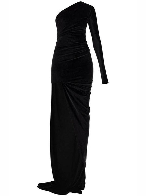 Balenciaga One Shoulder Velvet Long Dress Black