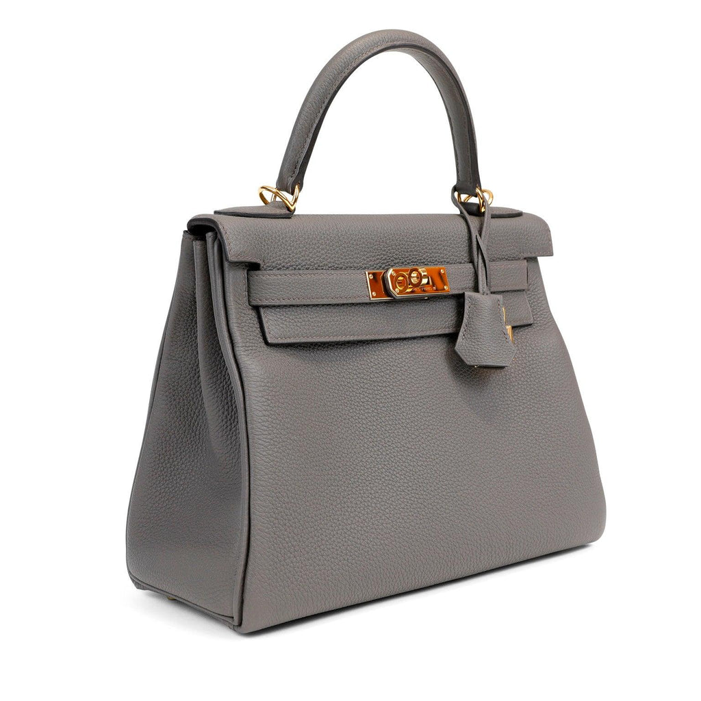 Hermes 28cm Gris Etoupe Togo Kelly w/ Gold Hardware