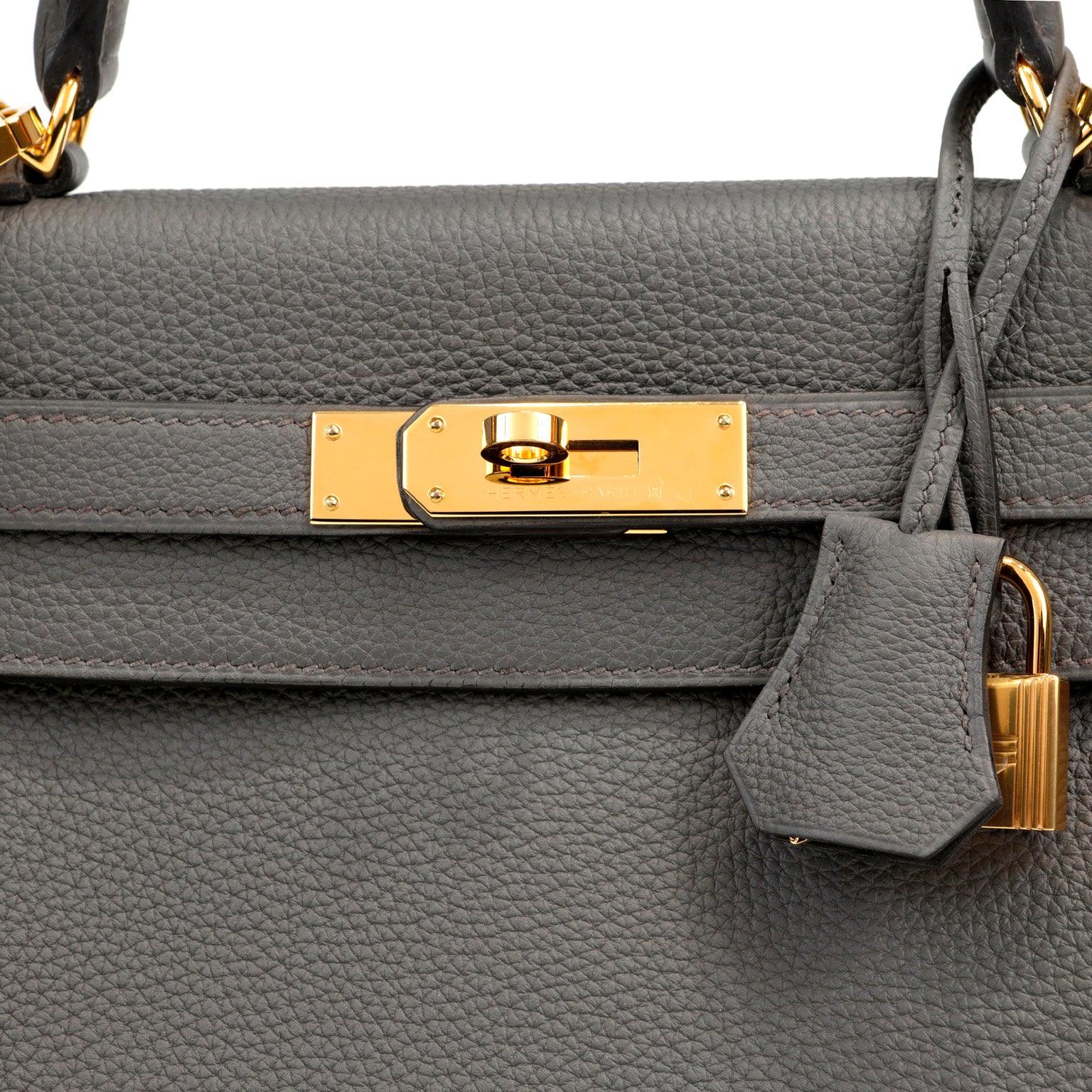 Hermes 28cm Gris Etoupe Togo Kelly w/ Gold Hardware