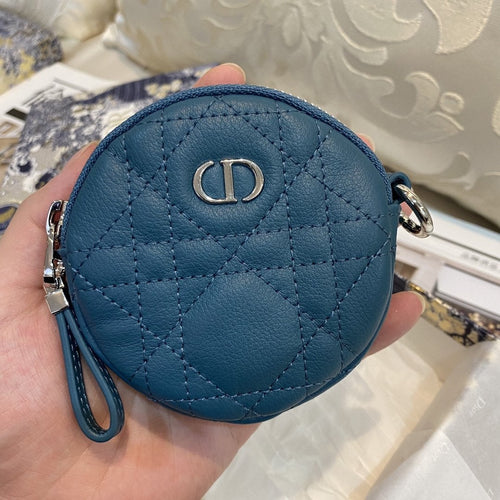 DIOR DETACHABLE CARO ROUND COIN PURSE DEEP OCEAN BLUE CANNAGE CALFSKIN