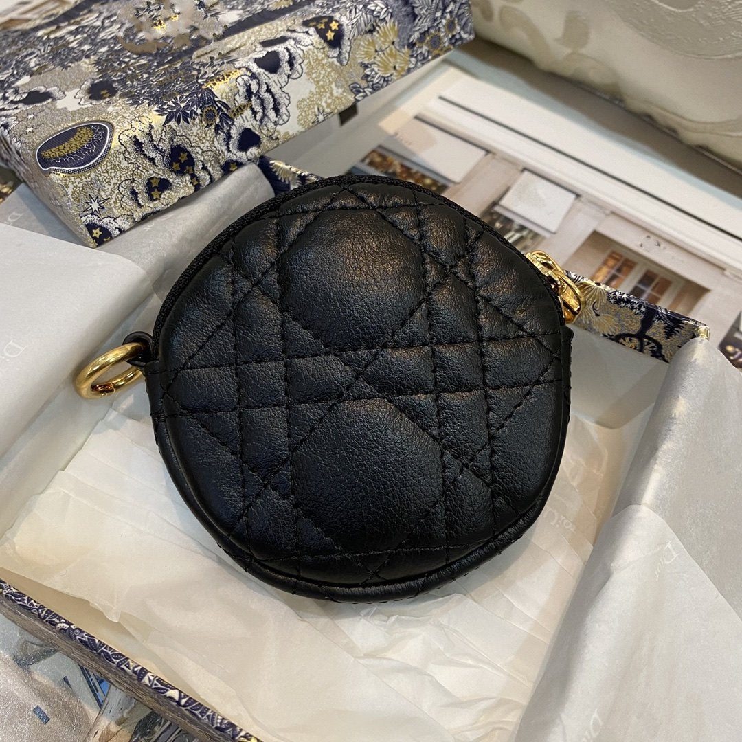 DIOR DETACHABLE CARO ROUND COIN PURSE BLACK CANNAGE CALFSKIN