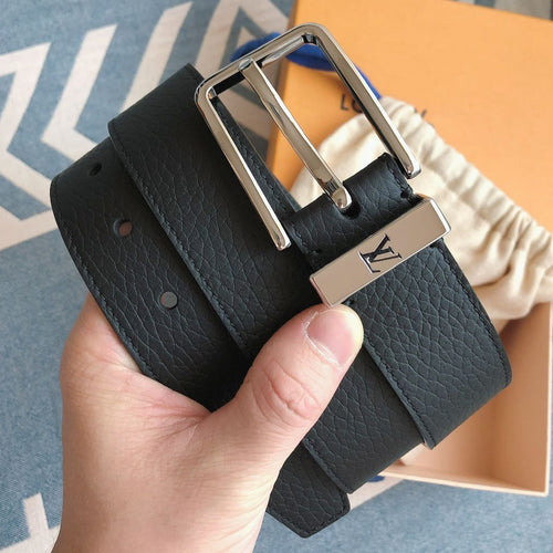 Louis Vuitton MEN'S BELT WITH SILVER BUCKLE BLACK WRINKLED LEATHER 3.5CM