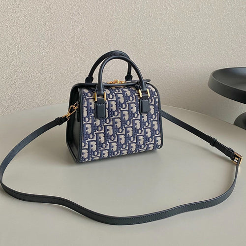 DIOR SMALL BOSTON 22 BLUE OBLIQUE EMBROIDERY