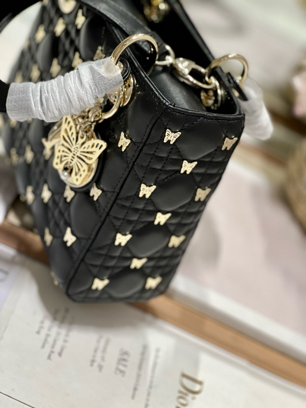 DIOR SMALL LADY 20 BUTTERFLY STUD BLACK LAMBSKIN