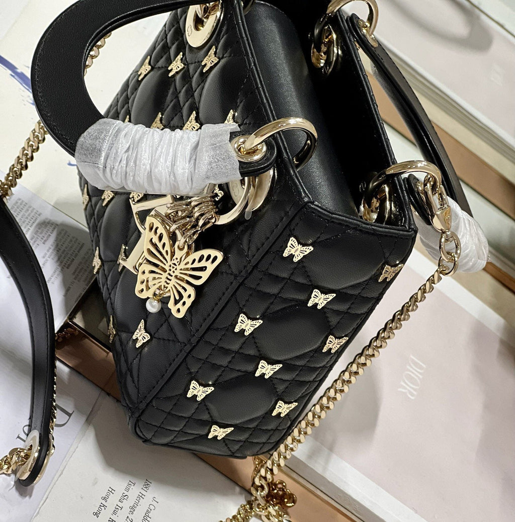 DIOR MINI LADY 17 BUTTERFLY STUD BLACK LAMBSKIN
