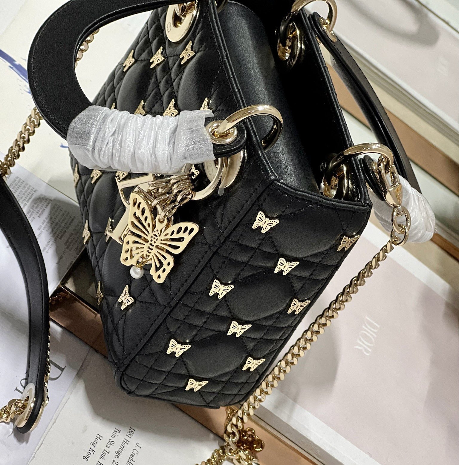 DIOR MINI LADY 17 BUTTERFLY STUD BLACK LAMBSKIN