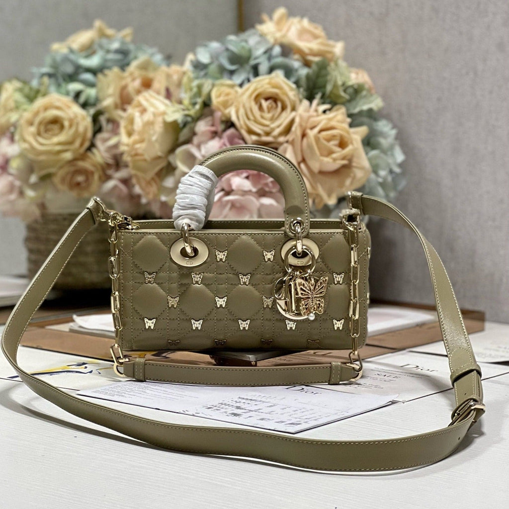 DIOR SMALL LADY D-JOY 22 BUTTERFLY STUD OLIVE LAMBSKIN