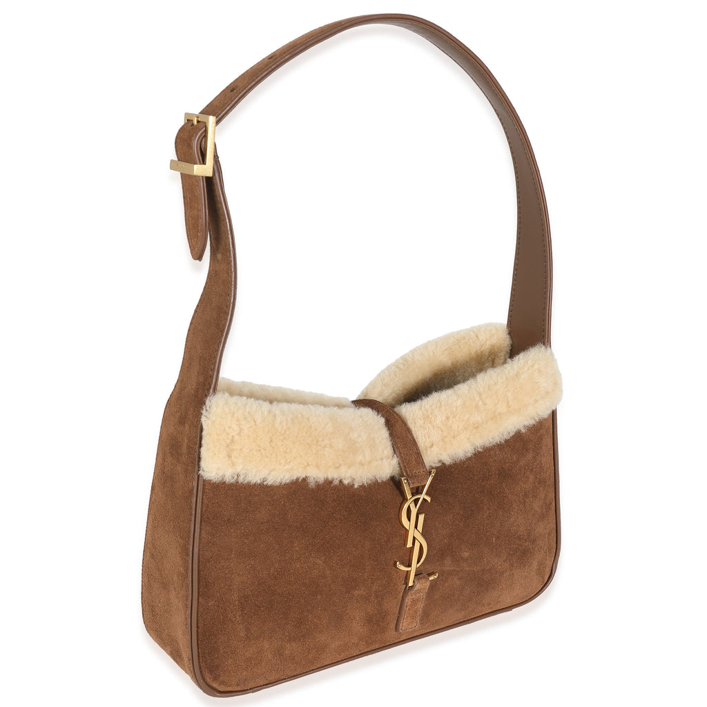 SAINT LAURENT - Dark Cigar Suede Natural Beige Shearling Le 5 A 7 Hobo