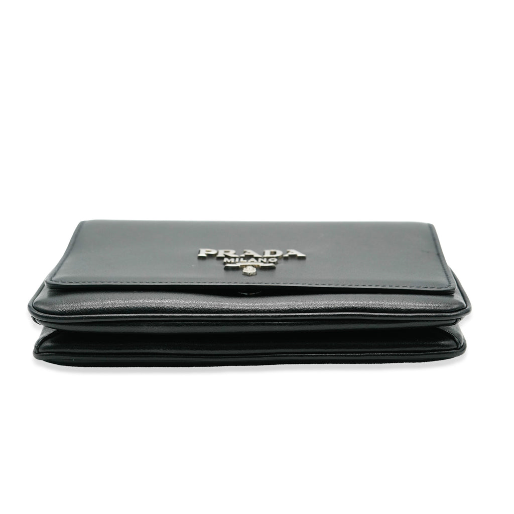 PRADA - Black Calfskin Logo Flap Chain Crossbody
