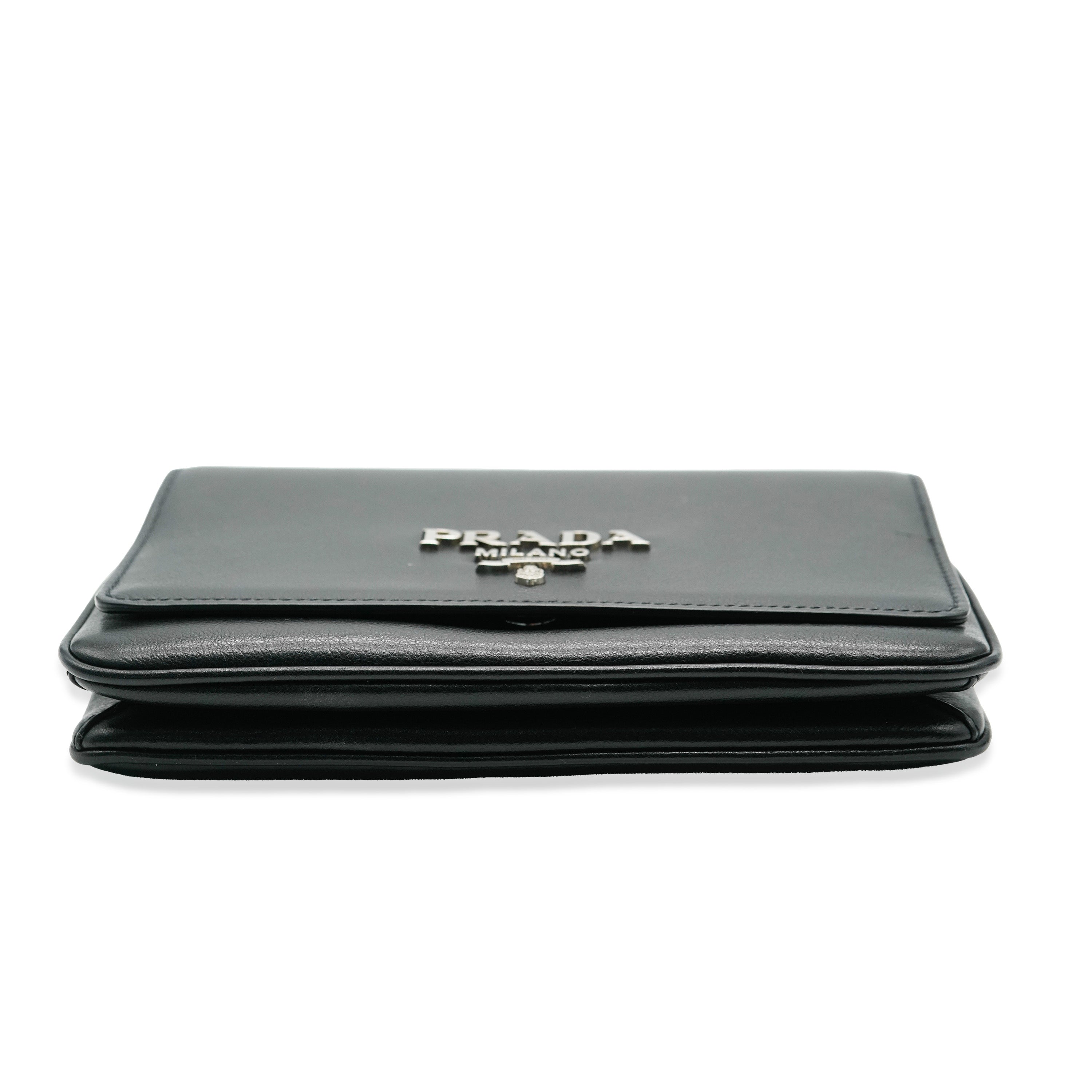 PRADA - Black Calfskin Logo Flap Chain Crossbody