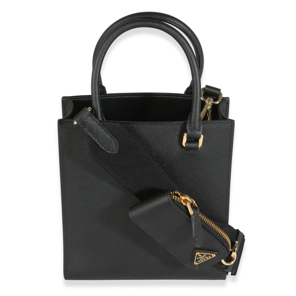 PRADA - Black Saffiano Lux Embossed Logo Mini Tote Crossbody Bag