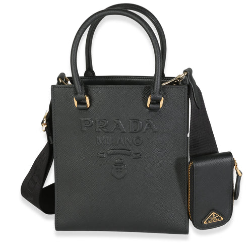 PRADA - Black Saffiano Lux Embossed Logo Mini Tote Crossbody Bag