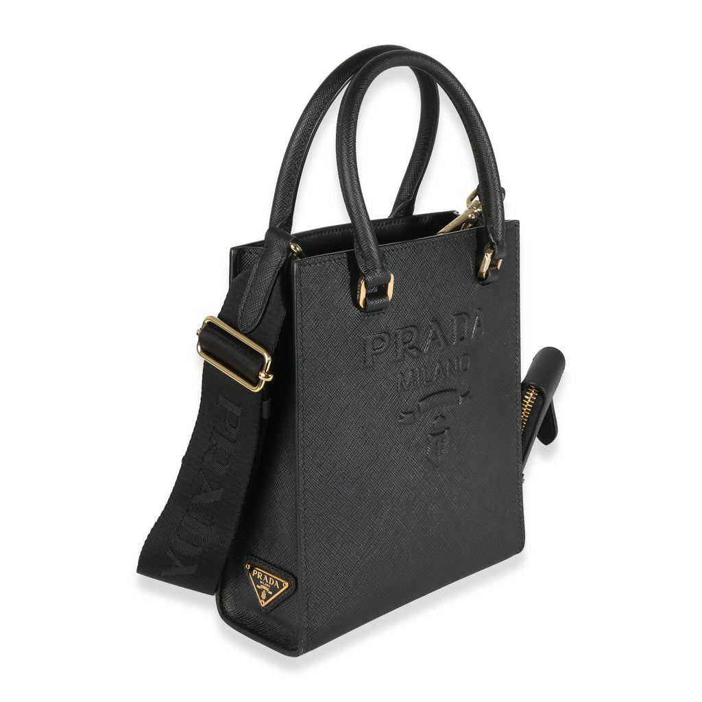 PRADA - Black Saffiano Lux Embossed Logo Mini Tote Crossbody Bag