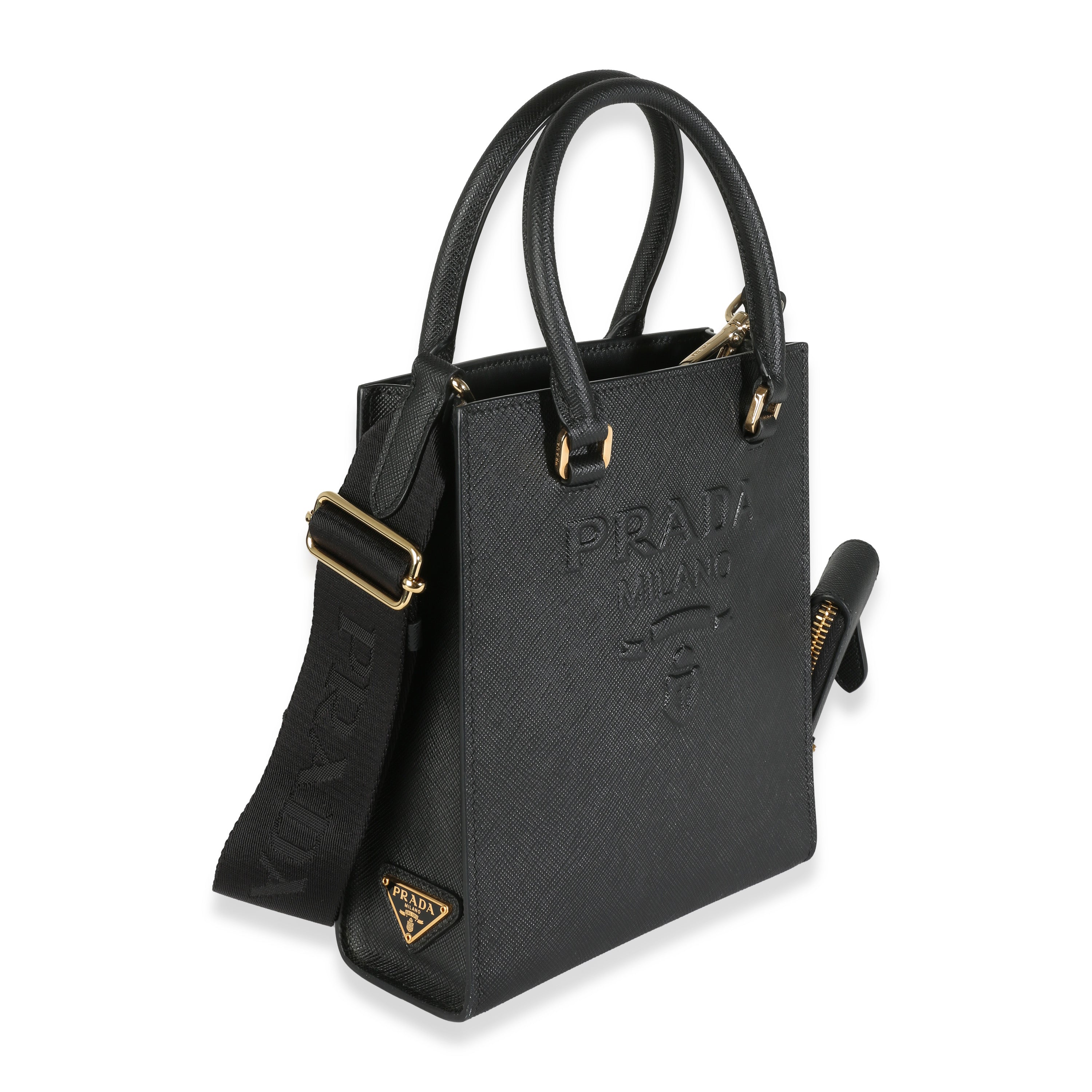 PRADA - Black Saffiano Lux Embossed Logo Mini Tote Crossbody Bag