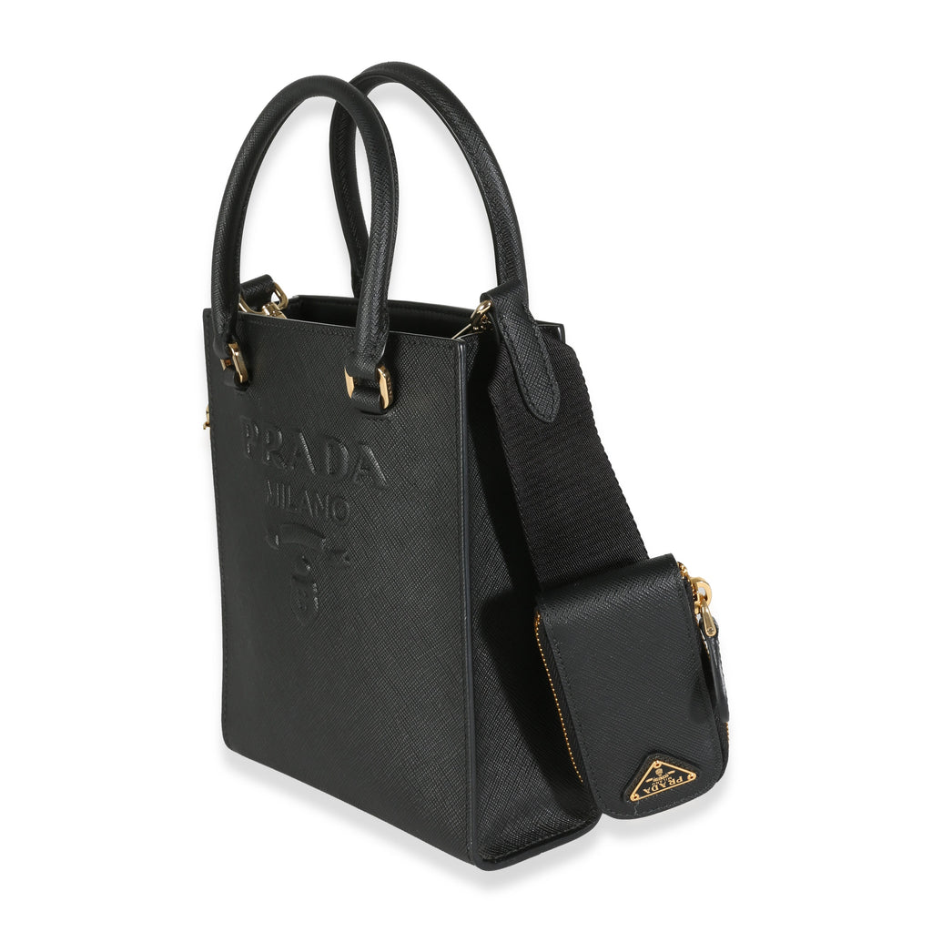 PRADA - Black Saffiano Lux Embossed Logo Mini Tote Crossbody Bag