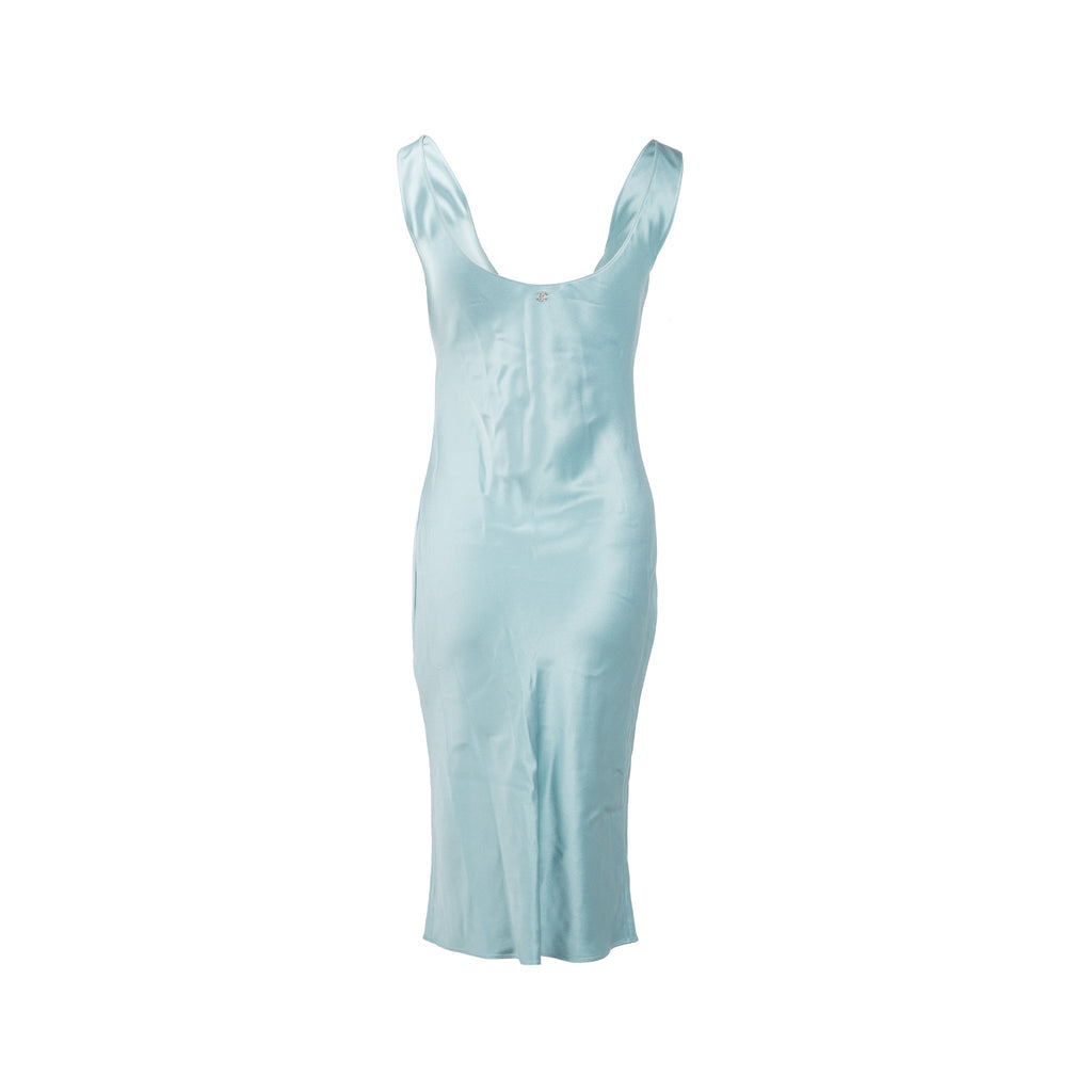 Chanel Size 34 23P Satin Midi Dress Silk Turquoise Blue
