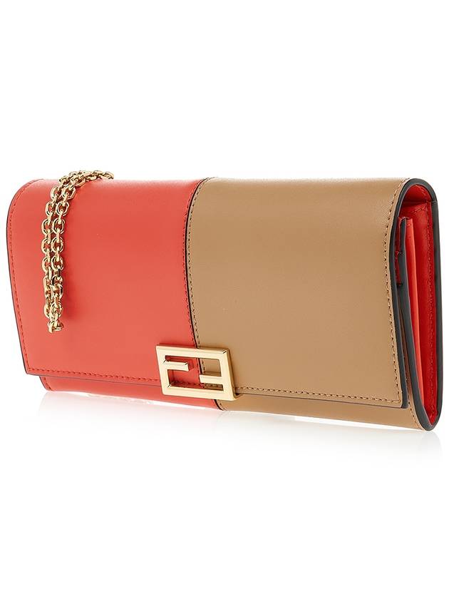 Fendi FF Continental Chain Leather Long Wallet Brown Red