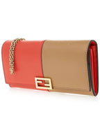 Fendi FF Continental Chain Leather Long Wallet Brown Red