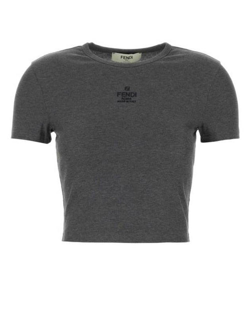 Fendi Embroidered Logo Crop Cotton Short Sleeve T-Shirt Grey