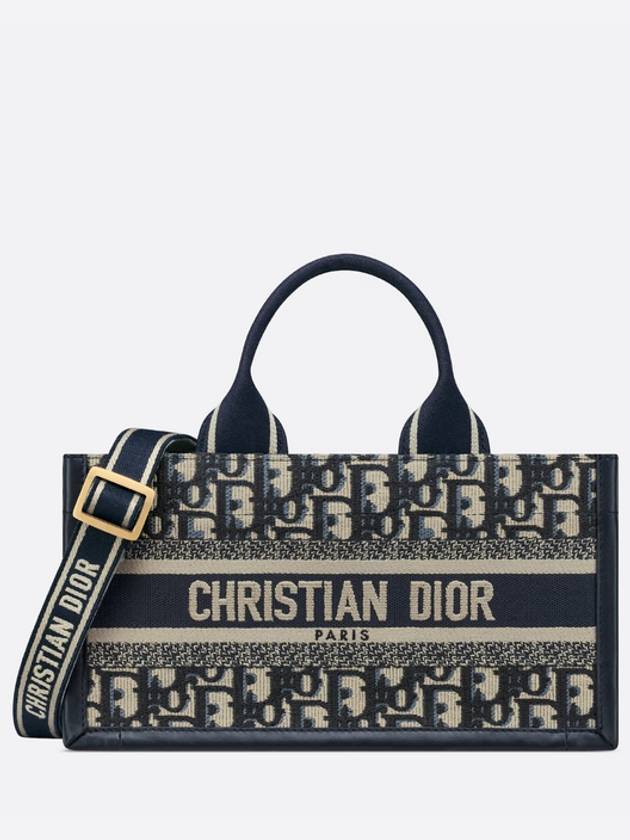 East West Oblique Embroidery Strap Book Tote Bag Blue Dior