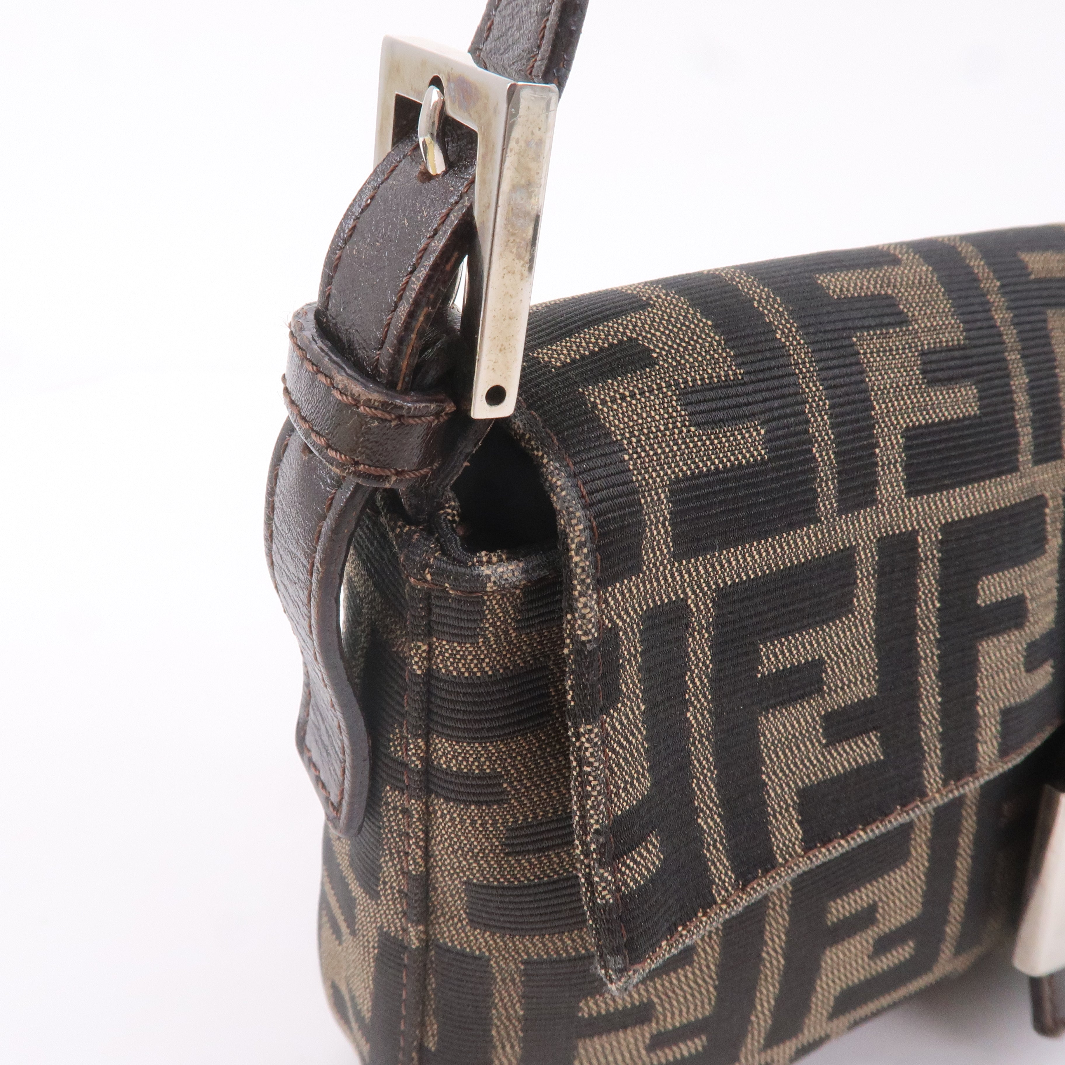 FENDI Mamma Baguette Zucca Canvas Leather Bag Brown 26424