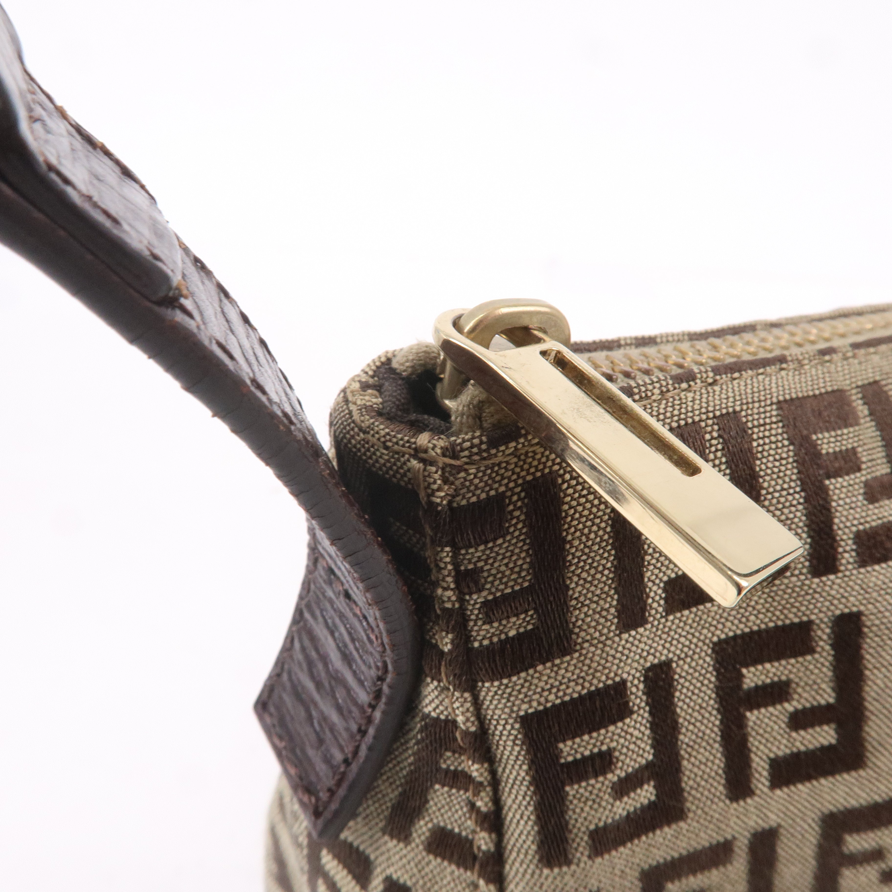 FENDI Zucchino Canvas Leather Shoulder Bag Beige Brown 8BR444