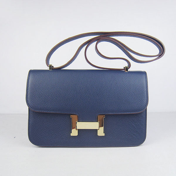 Hermes Calf Leather Message Bag H020 Dark Blue Golden