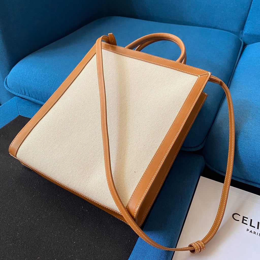 Celine VERTICAL TOTE BAG 33 WHITE BROWN CANVAS AND CALFSKIN