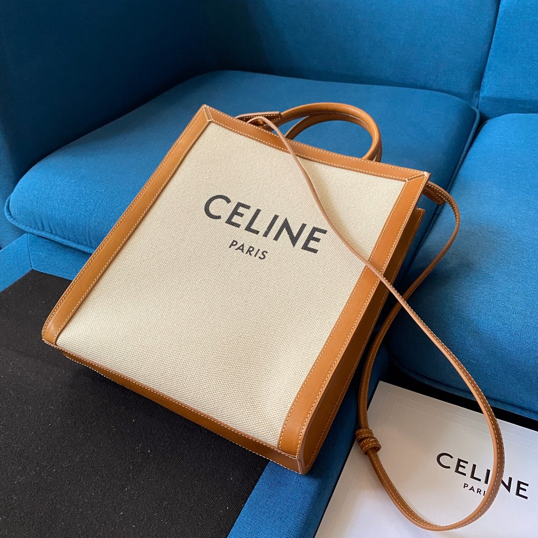 Celine VERTICAL TOTE BAG 33 WHITE BROWN CANVAS AND CALFSKIN