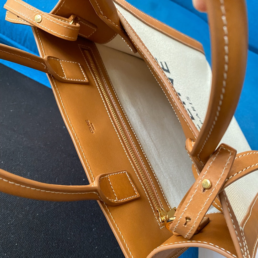 Celine VERTICAL TOTE BAG 33 WHITE BROWN CANVAS AND CALFSKIN